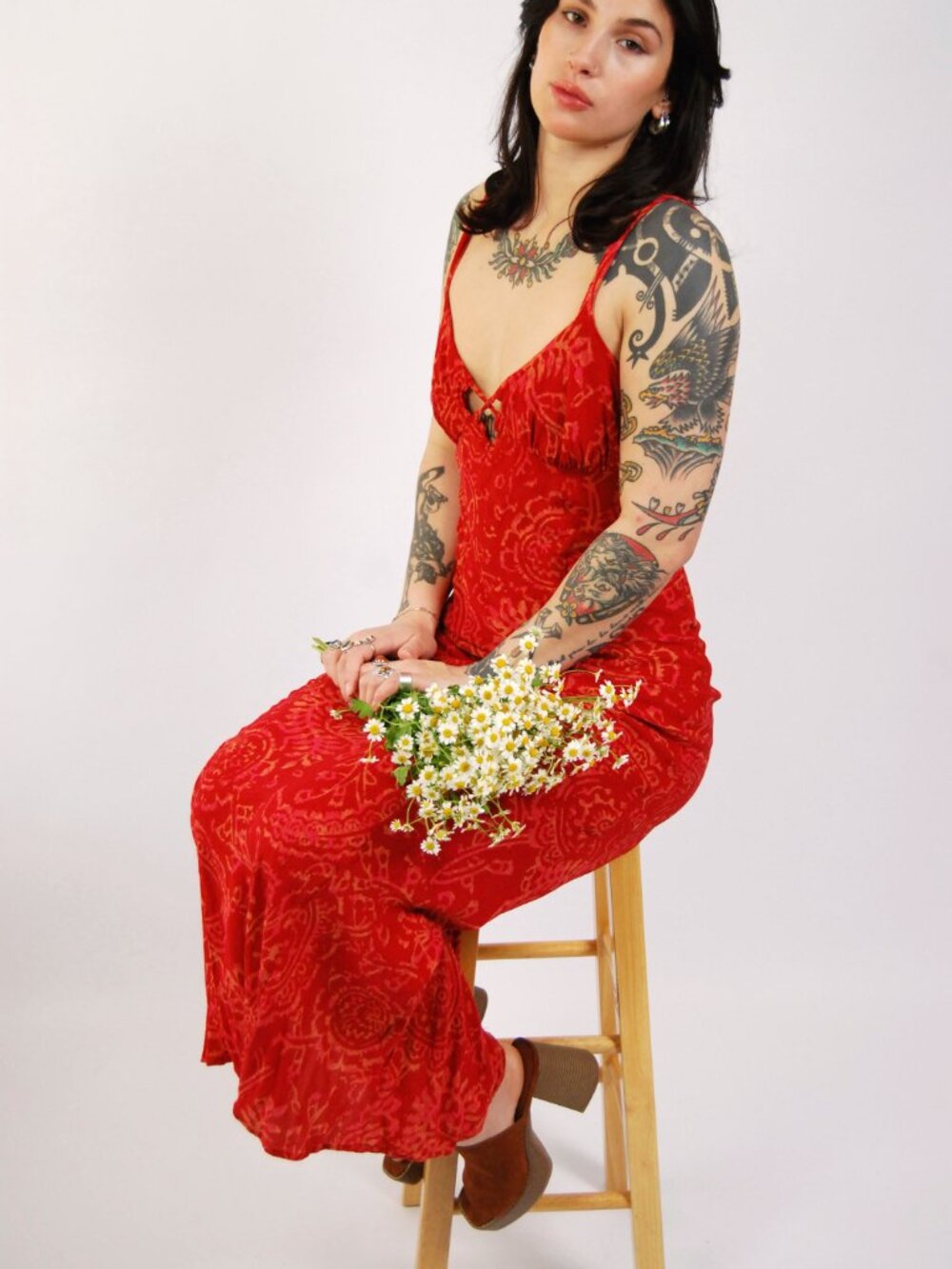 Y2K Free People Sundress (L) large red vintage maxi dress sleeveless print cute - Picture 5 of 10